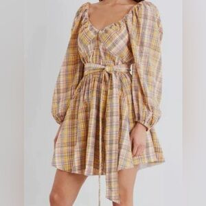$495 Tanya Taylor Women's Yellow Plaid Self-Tie Xena A-Line Dress Size 6